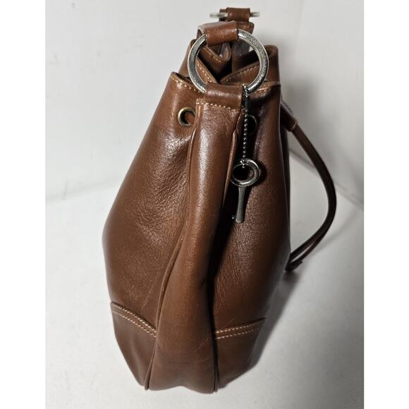 Vintage FOSSIL Brown British Tan Leather Shoulder Drawstring Bucket Bag - Picture 6 of 14